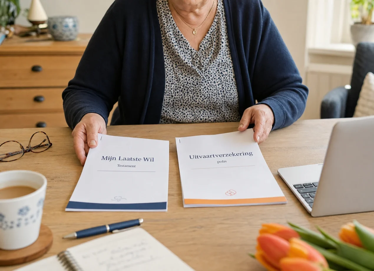 Executeur van rond de 60 vergelijkt thuis aan tafel twee notariële documenten over een erfenis