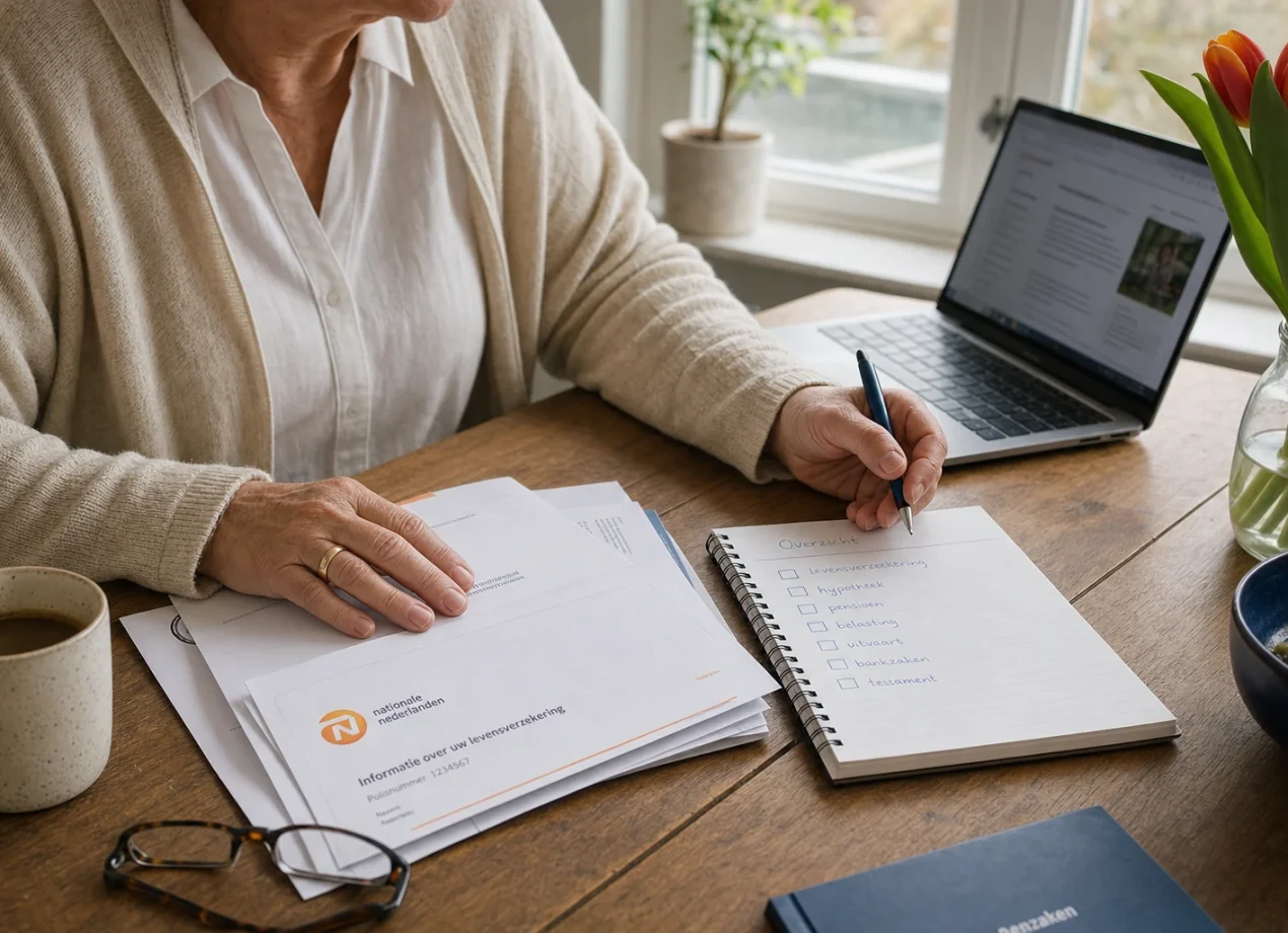 Nabestaande van rond de 60 bekijkt thuis met post en checklist of een verklaring van erfrecht nodig is