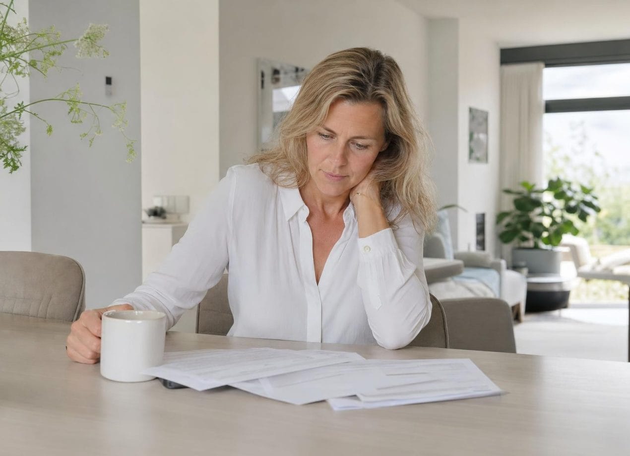Vrouw zit peinzend aan tafel met papieren en koffie, nadenkend over het versterferfrecht