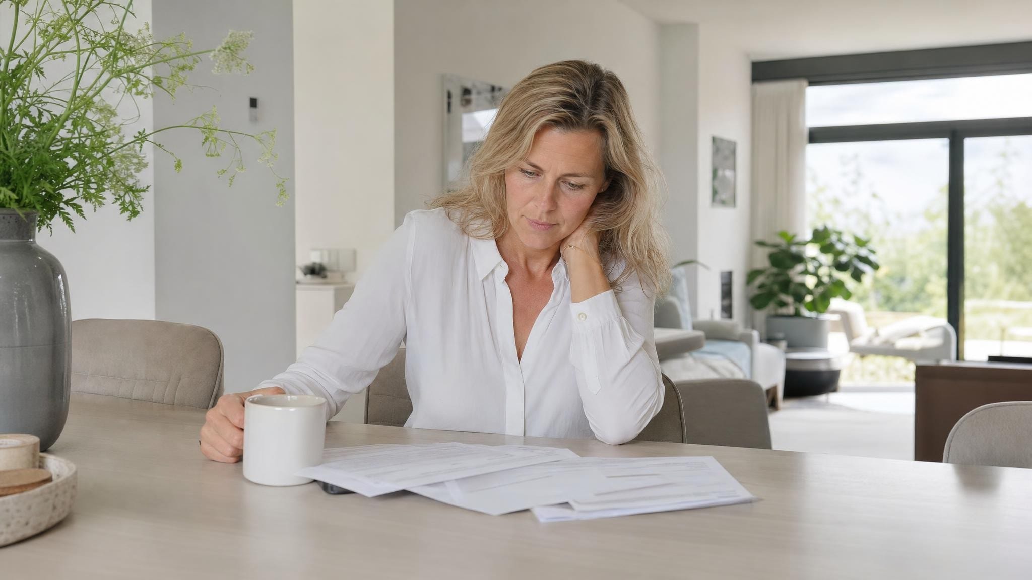 Vrouw zit peinzend aan tafel met papieren en koffie, nadenkend over het versterferfrecht