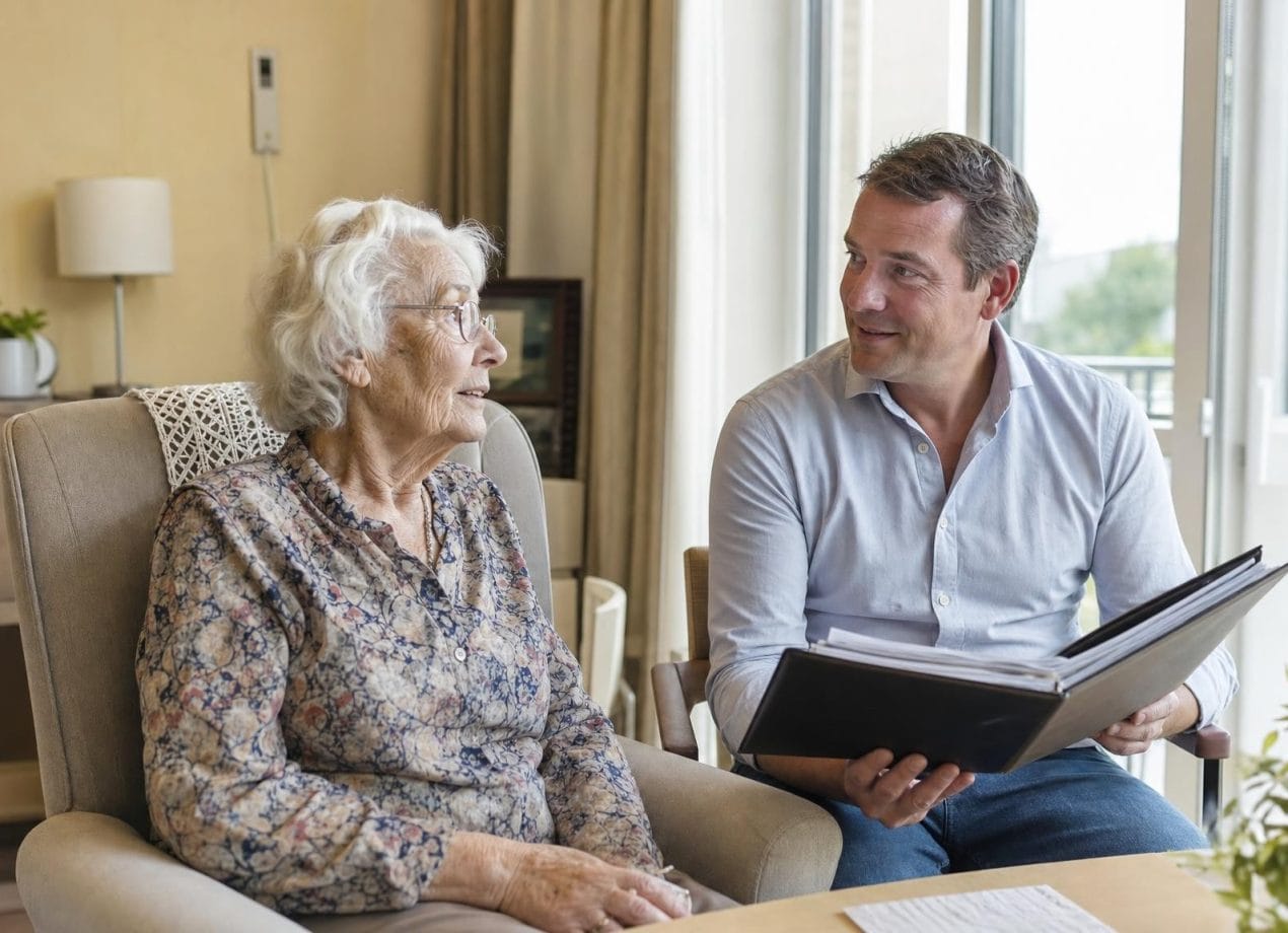 Oudere vrouw in een verzorgingstehuis in gesprek met haar volwassen zoon, die een map met documenten vasthoudt, over de opname van vermogen voor zorgkosten