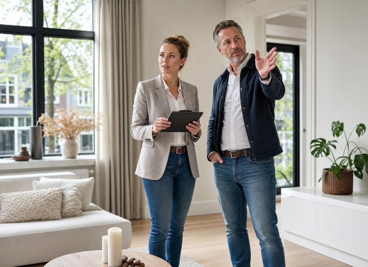 Taxateur met tablet bespreekt de waardebepaling van een woning met een erfgenaam in de woonkamer