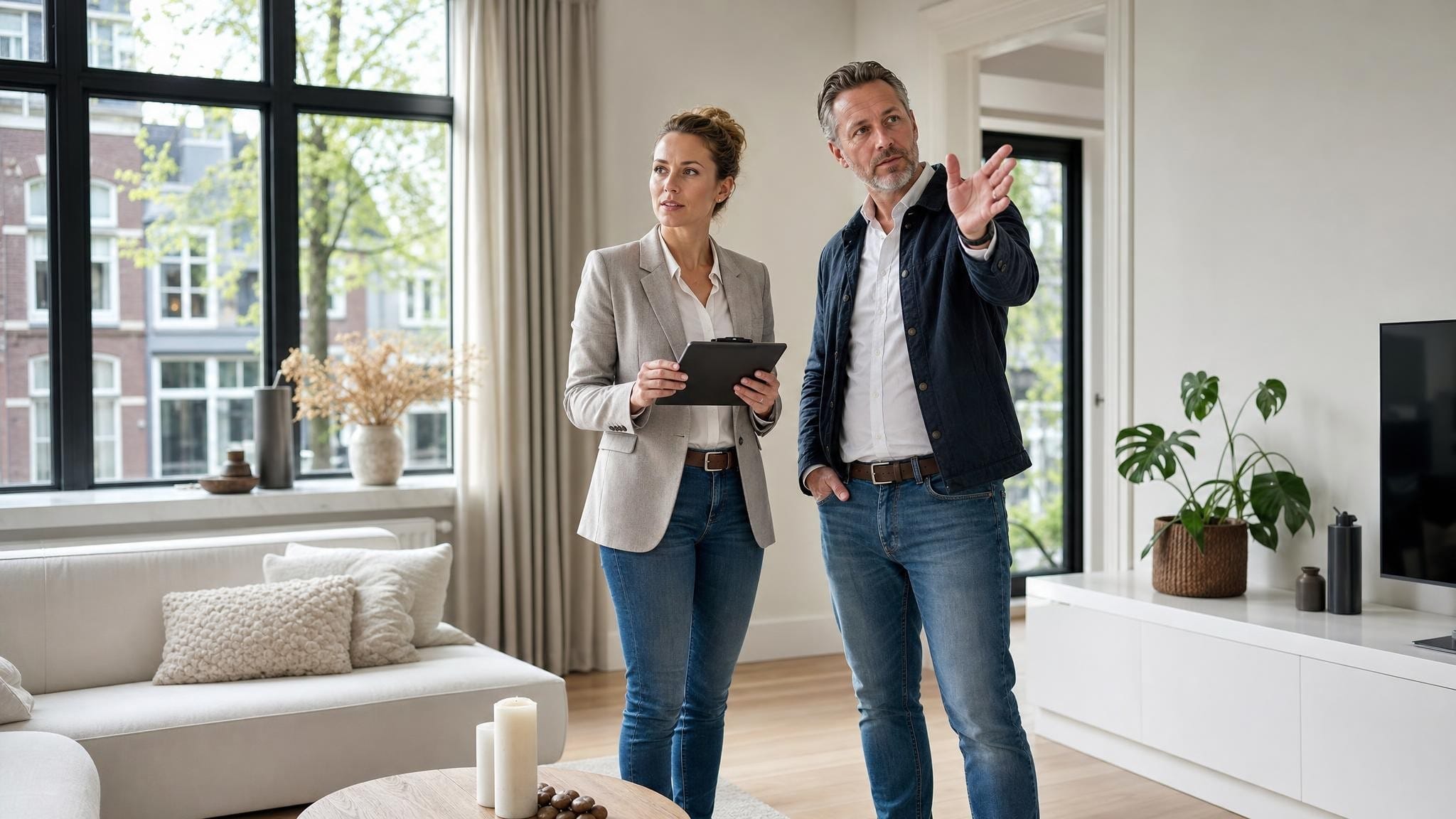 Taxateur met tablet bespreekt de waardebepaling van een woning met een erfgenaam in de woonkamer