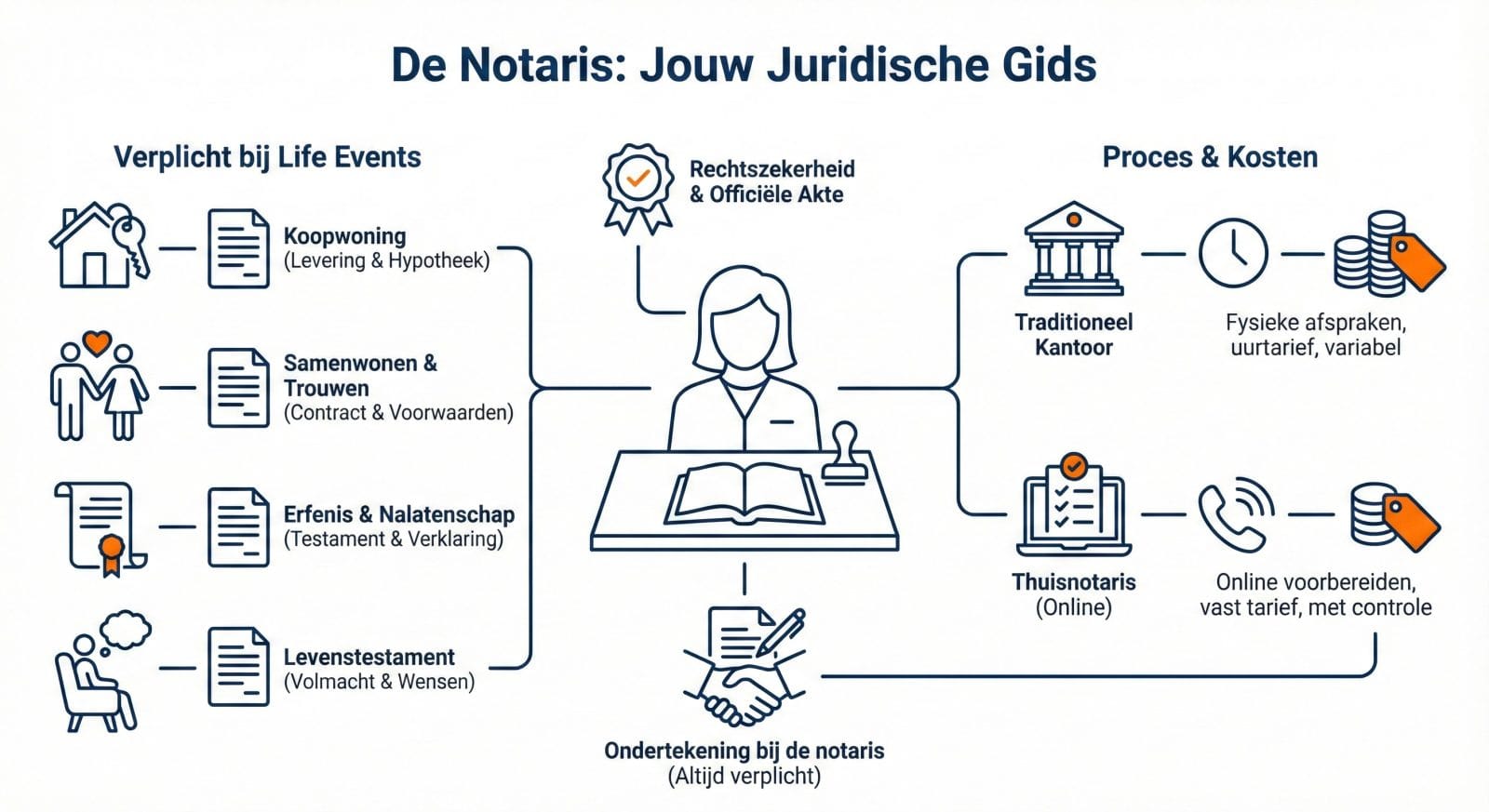Infographic: Wanneer is een notaris verplicht (huis kopen, samenwonen, testament) en de vergelijking tussen kosten van een traditionele notaris en online regelen via Thuisnotaris.