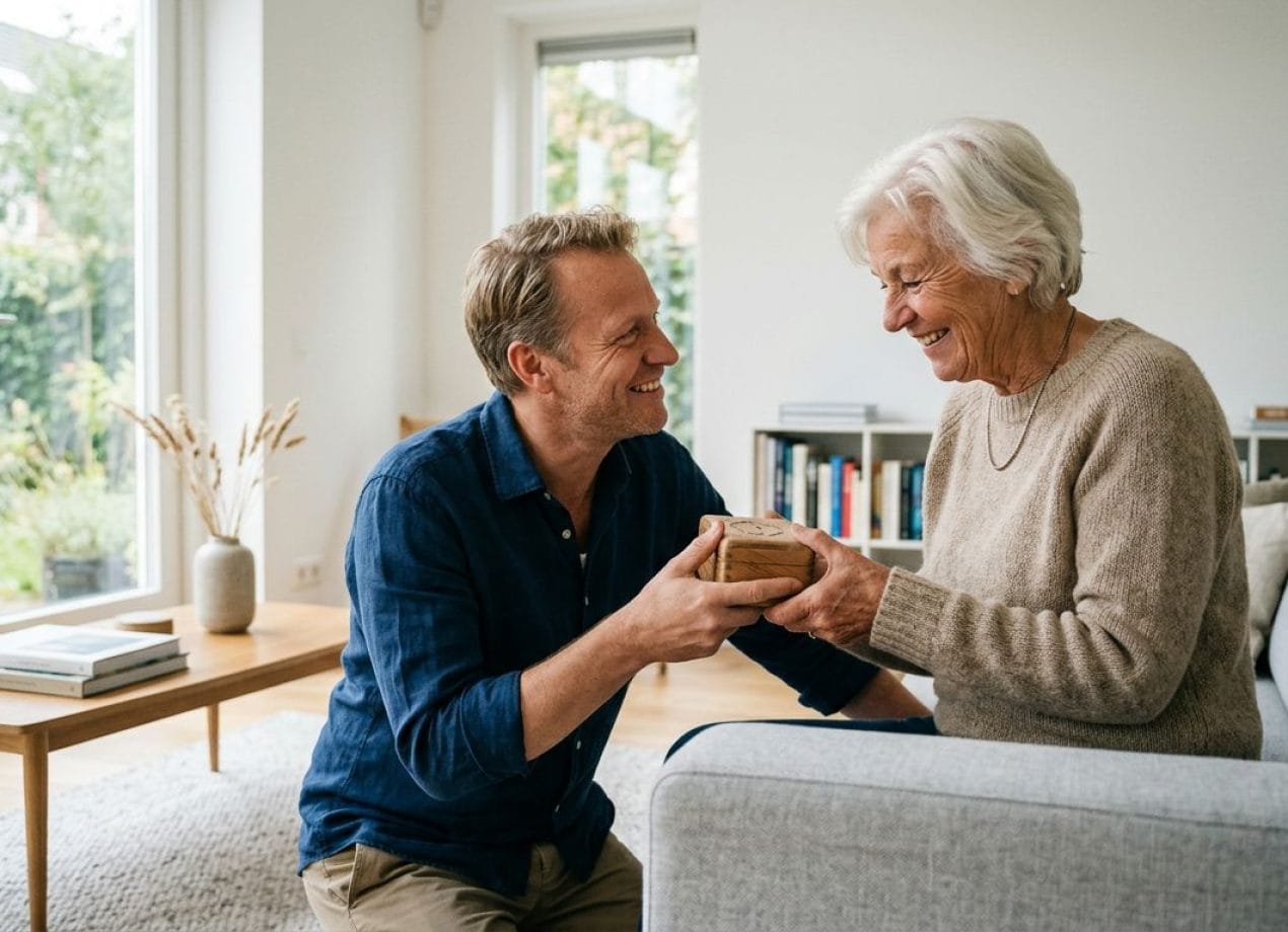 Ouder overhandigt een aandenken aan volwassen kind in een lichte woonkamer