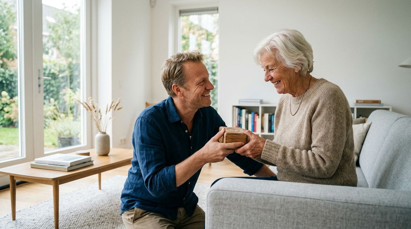 Ouder overhandigt een aandenken aan volwassen kind in een lichte woonkamer