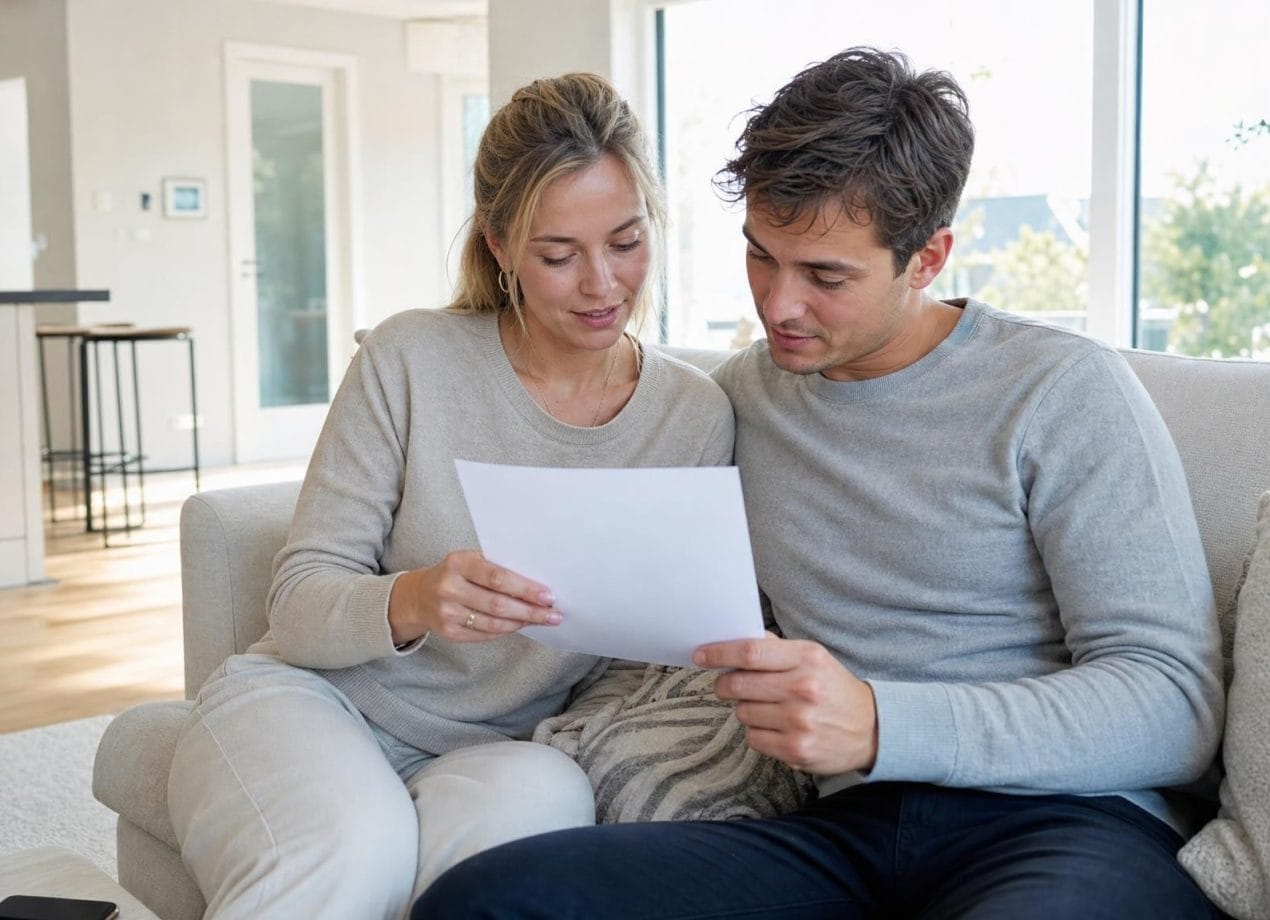 Stel leest samen een document over een samenlevingscontract op de bank
