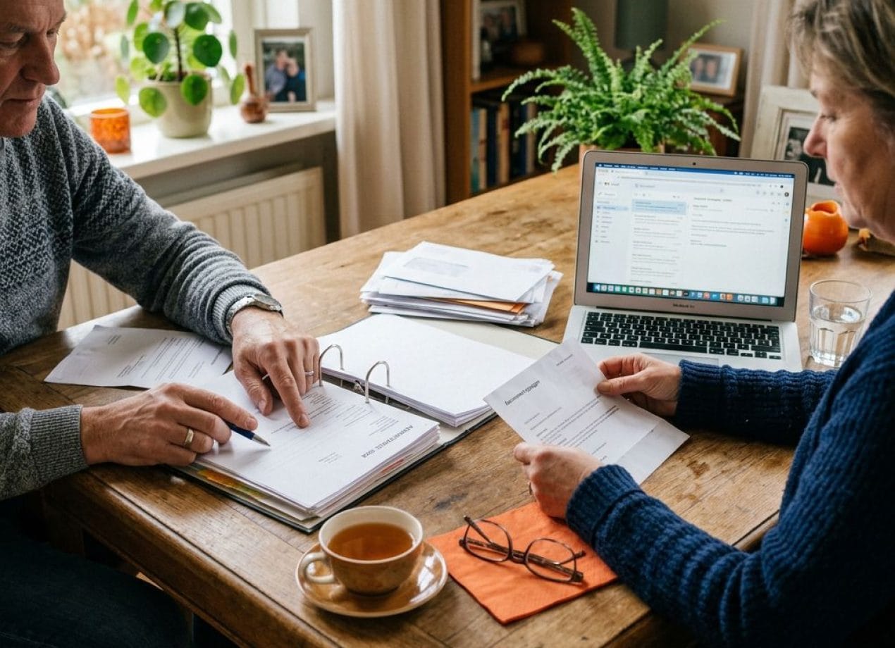 abestaande ordent papieren aan tafel om de nalatenschap na een overlijden af te wikkelen